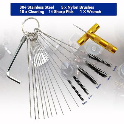 Premium Torch Tip Cleaner Stainless Steel 13 Cleaning Wires Set + 10 Cleaning Needles +5 Nylon Brushes + 1 Throttle Wrench + 1 Sharp Pick, Carburetor Cleaning Kit Heavy Duty Density Nylon