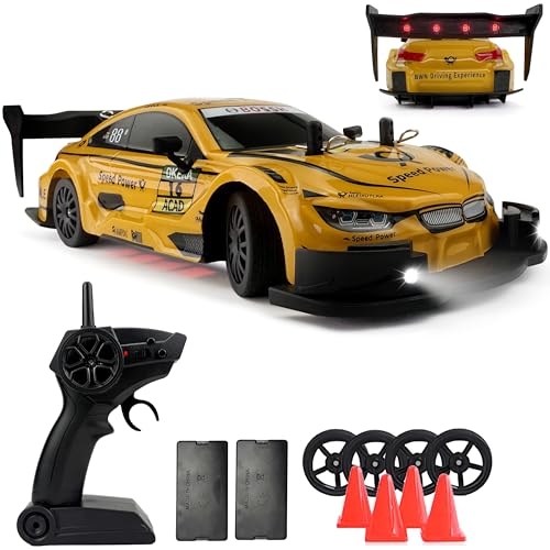 HTURCCOP 1:20 RC Drift Car 2.4GHz 4WD High Speed Drift Remote Control Cars Vehicle with LED Lights and Drifting Tires Batteries x2 Racing Sport Toy Cars for Adults Boys Girls Kids (Yellow) - color: Yellow