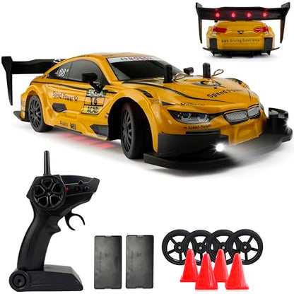 HTURCCOP 1:20 RC Drift Car 2.4GHz 4WD High Speed Drift Remote Control Cars Vehicle with LED Lights and Drifting Tires Batteries x2 Racing Sport Toy Cars for Adults Boys Girls Kids (Yellow) - color: Yellow