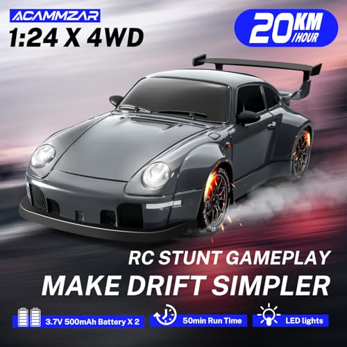 RC Drift Car, 1:24 Remote Control Car for Kids, 20KM/H 4WD High Speed RC Cars with LED Lights, Two Batteries, Extra Drifting Tires, Vehicle for Adults Boys Girls - color: Dark Gray