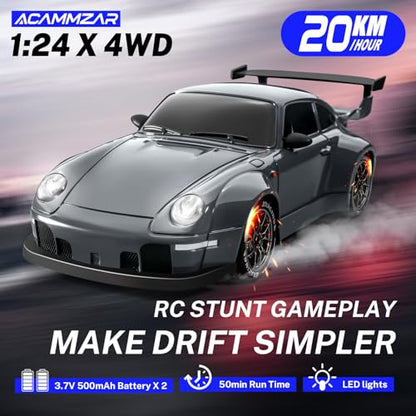 RC Drift Car, 1:24 Remote Control Car for Kids, 20KM/H 4WD High Speed RC Cars with LED Lights, Two Batteries, Extra Drifting Tires, Vehicle for Adults Boys Girls - color: Dark Gray