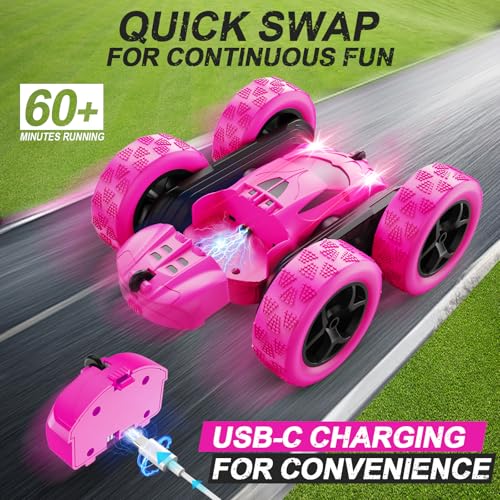 QUNREDA RC Cars, Rose Remote Control Car for Girls, 2.4 GHZ Double Sided RC Stunt Car 360° Rotating Remote Control Crawler with Headlights Car Toys for 6 7 8 9 10 11 12 Girls Birthday Gift - color: Rose