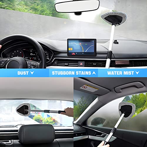 Windshield Cleaning Tool, Car Window Cleaner with Extendable Long Handle and 4 Washable Reusable Microfiber Pads, Auto Interior Exterior Glass Wiper Cleaning Kit Universal for Office and Home (Gray) - color: Gray