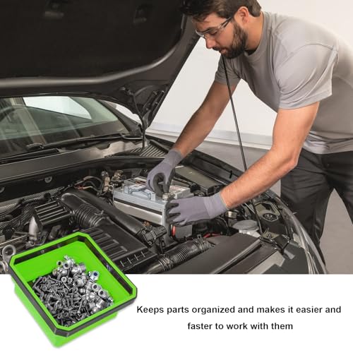Collapsible Magnetic Parts Tray, 4.5" Square Metal Parts Organizer with Dual-Sided Magnetic Base, Foldable Tools Tray Silicone Storage Bowl for Screws Bolts Nuts Washers Pins (Green) - color: Green