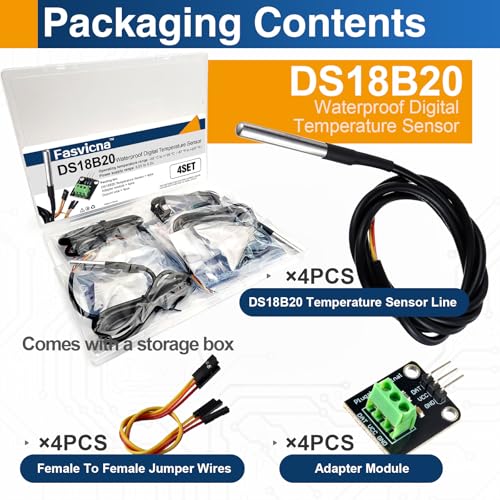 4 Pack DS18B20 Waterproof Temperature Sensor Probe, Stainless Steel Digital Sensor with Adapter Cable, Compatible with Arduino, Raspberry Pi, ESP32