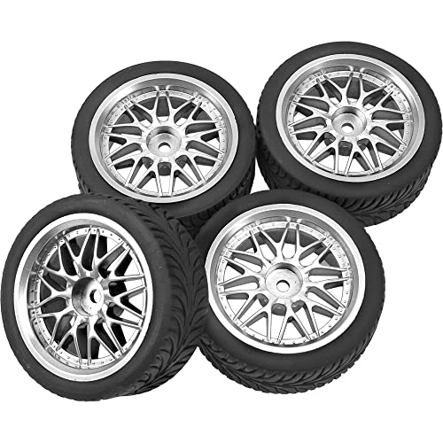 OD 2.55" Rubber Tires & Plastic Wheel Rims 12mm Hex Hub Compatible with HSP Tamiya HPI Kyosho Redcat ExceedRC 1/10 On-Road Touring Car,WLtoys 1/14 144001 RC Buggy (Silver) - color: Silver