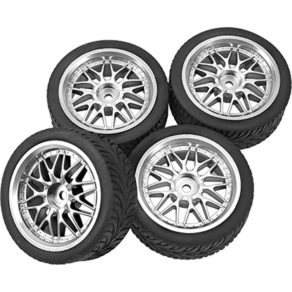 OD 2.55" Rubber Tires & Plastic Wheel Rims 12mm Hex Hub Compatible with HSP Tamiya HPI Kyosho Redcat ExceedRC 1/10 On-Road Touring Car,WLtoys 1/14 144001 RC Buggy (Silver) - color: Silver