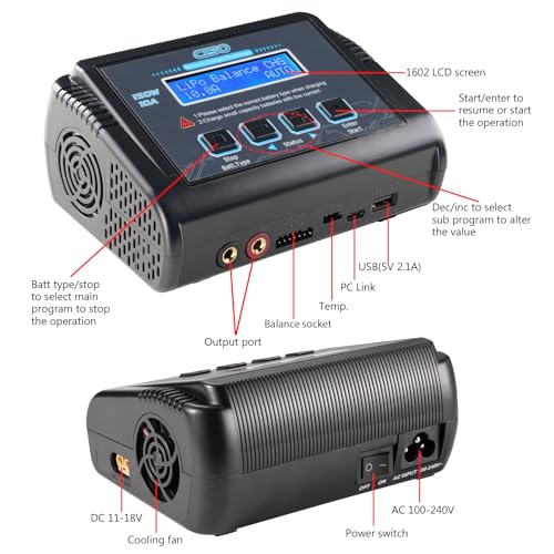 Lipo Battery Charger, 1-6S Balance Charger Discharge 150W 10A AC/DC for Li-Po Li-Hv Ion Fe NiMH NiCd Pb Hobby Batteries With Deans/Tamiya/JST/EC3/HiTec Connectors Cable Power Supply