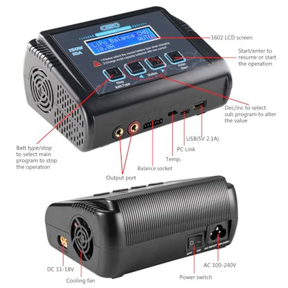 Lipo Battery Charger, 1-6S Balance Charger Discharge 150W 10A AC/DC for Li-Po Li-Hv Ion Fe NiMH NiCd Pb Hobby Batteries With Deans/Tamiya/JST/EC3/HiTec Connectors Cable Power Supply