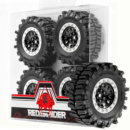 REDSPIDER RC 1.3inch Beadlock Wheels and Crawler Tires 64mm * 26mm Mud Slingers X Super Soft Sticky Tyres For RC 1/24 1/18 Scale Crawler TRX4M SCX24 FCX24 FCX18 (Black) - color: Black