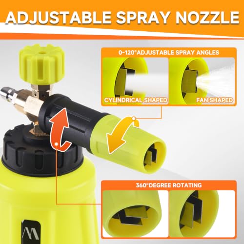 M MINGLE Pressure Washer Foam Cannon Kit, Car Wash Brush with Long Handle | Thick Foam Sprayer, Adjustable Foam Gun, 5 Multi-Angle Nozzles for All Cleaning Jobs, Universal Power Washer Fit - color: yellow+orange