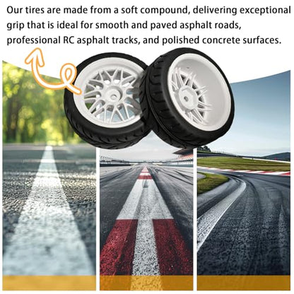 OD 2.55" On Road Rubber Tires Plastic Wheel Rims 12mm Hex Hub Compatible with MJX HSP Tamiya HPI Kyosho Traxxas Sakura Redcat WLtoys 1/10 RC On-Road Racing Touring Car (White) - style: B-White