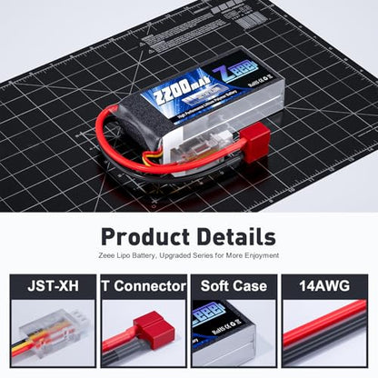 Zeee 2S 2200mAh Shorty Lipo Battery 7.4V 50C with T Connector (2 Pack) | RC Battery Soft Pack for 1/16 Slash RC Car RC Truck RC Helicopter Airplane Quadcopter Drone RC Boat Racing Models