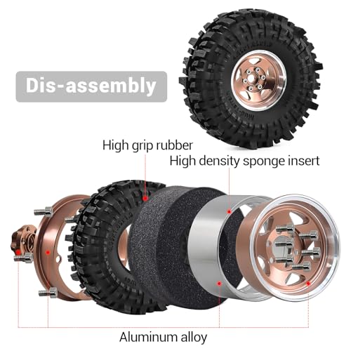 1.9" Pre-Assembled Beadlock Wheels and Tires 118mm (4.65in) for SCX10 TRX4 1/10 RC Crawlers – Aluminum Rims, Soft Rubber Tires with Foam Inserts, Easy-Install Upgrade Parts (Bronze) - color: bronze