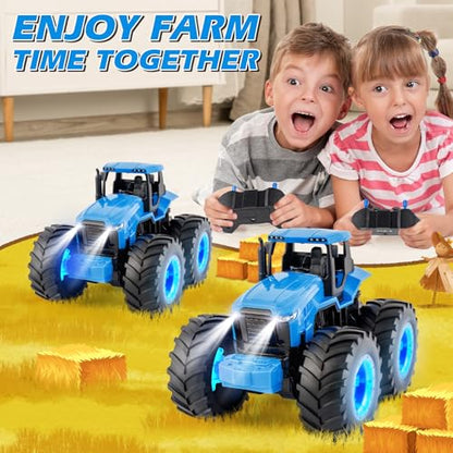 BAYSING Remote Control Monster Tractor Toy, Blue Light Up Monster Truck Toy | LED Lights Toddlers RC Farm Vehicle for 3, 4, 5, 6, 7 years old Boys ＆ Girls Ideal Christmas, Birthday Gifts for Kids - color: Blue