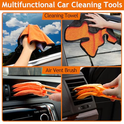 THINKWORK Windshield Cleaner Tool, Car Detailing Kit Interior, Car Cleaning Kit Interior and Exterior Detail Brush, Auto Supplies & Accessories for Men Women | 180 Degree Rotating Head, Extendable Handle, 3 Washable Pads, Streak Free Cleaning for Windows