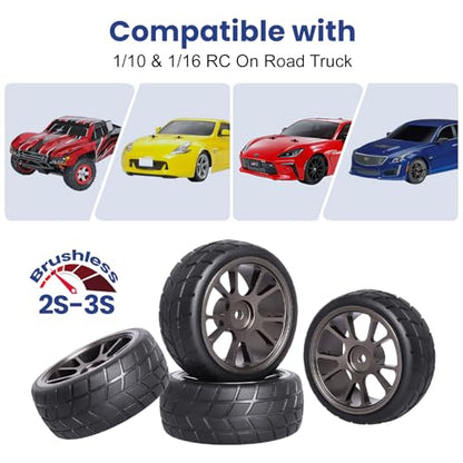 GoHooby 2.55in Rubber Tires&12mm Hex Wheel Rims Pre-Mounted Set, Compatible with Traxxas Tamiya 1/10 RC On-Road Touring Car (Color 2) - color: Color 2