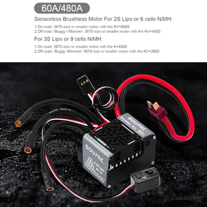 GOUPRC 60A Brushless RC ESC 2-3S Waterproof Electric Speed Controller with Programming Card for 1/10 Scale Accessories RC Truck Off-Road Car