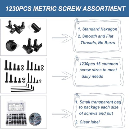 1230PCS Metric Screw Assortment Kit M2 M3 M4 M5 | 12.9 Grade Alloy Steel, Hex Socket Head Cap Bolts Nuts Washers Set, Black Zinc Plated Anti-Rust Screws for 3D Printer DIY - size: M2 M3 M4 M5