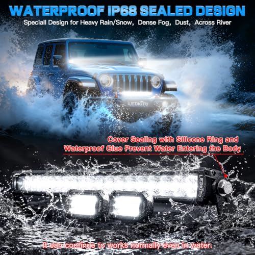 22In LED Light Bar+4In LED Cube Pod Lights with Wiring Harness Kit | Spot Flood Combo Single Row Straight Off Road Driving Work Light Bar 3Pin Rocker Switch for Je-ep Pickup Golf Car Tractor GMC
