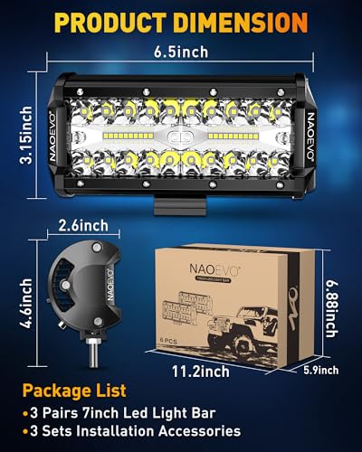 NAOEVO 7 Inch LED Light Bar, 720W 72,000LM LED Off Road/Fog Lights, 6 Pcs | Spot Flood Combo Waterproof LED Tractor Lights, Aluminum LED Work Lights with Bracket for Truck, Tractor, Boat, ATV, UTV - size: 6 Pcs