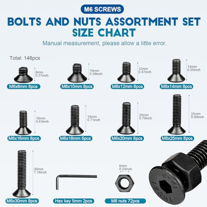 NINDEJIN Metric M6 Screws Set, Hex Socket Flat Head M6 Screw Assortment Kit, 9 Lenght Screw Bolts and Hex Nuts, Carbon Steel, Allen Socket Drive, Black Parts - size: 146PCS M6 8mm-30mm