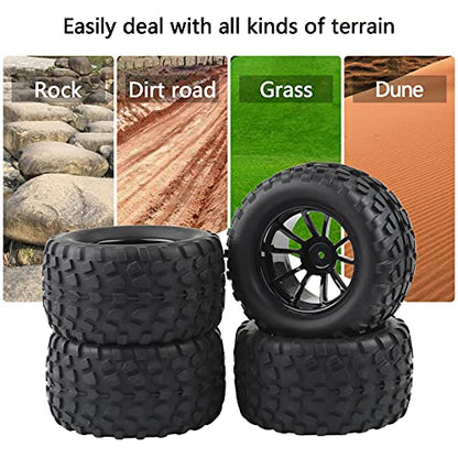 4X RC 1/10 Scale Monster Truck Tires Gravel Tread w/ 5 Spokes Wheel Rim | Black, For Stampede HSP Redcat Volcano XTE PRO - style: Twin 5 Spokes-Black