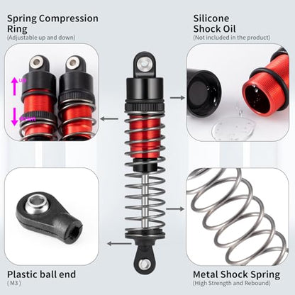 80mm Aluminum Shocks Threaded Tele Shock Absorber Damper Long Threaded Shock Absorber Oil Damper Compatible with TRX4 TRX6 Axial SCX10 D90 90046 1/10 RC Rock Crawler (Red-80MM) - color: Red-80MM