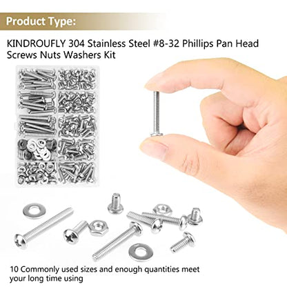 202 Pieces #8-32x 1/4", 5/16", 3/8", 1/2", 5/8", 3/4", 1", 1-1/4", Phillips Pan Head Machine Screws Nuts Washers Assortment Kit, 304 Stainless Steel, Fully Machine Thread - size: #8-32