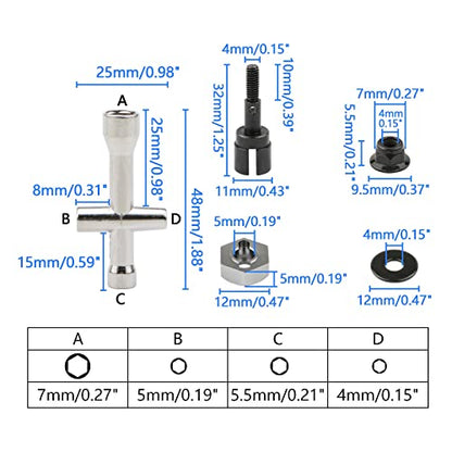 4 Sets 12mm Wheel Hex Adapters & Stainless Steel Axles for HSP 1/10 RC Truck - Replacement Parts with M4 Lock Nuts & Wrench, RC Car Repair Kit for 94108 94111 94123 94170
