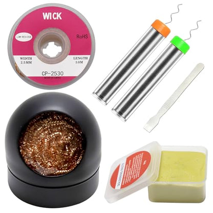 6-in-1 solder kit, soldering iron tip cleaner +1.0mm solder wire(11g*2pcs)+Rosin Solder Flux Paste (1.75 oz/50g), desoldering wick (2.5 * 3.0mm,9.8ft) Stainless steel scraper stir welding tool