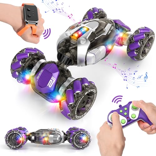 Nicella Gesture Sensing RC Stunt Car, Remote Control Cars Transformer Toys for Age 5-7 6-12 8 9 10 11 Yr Boys Girls Birthday Halloween, 2.4Ghz Hand Control 360° Rotating Toys Car - color: Purple/White