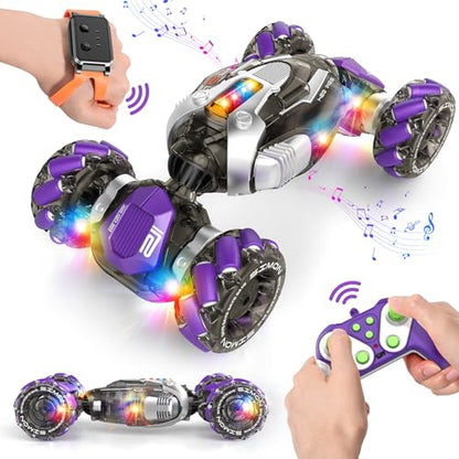 Nicella Gesture Sensing RC Stunt Car, Remote Control Cars Transformer Toys for Age 5-7 6-12 8 9 10 11 Yr Boys Girls Birthday Halloween, 2.4Ghz Hand Control 360° Rotating Toys Car - color: Purple/White
