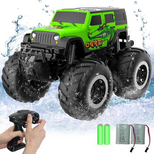 STEMTRON Amphibious RC Car 1:16 4WD Waterproof Monster Truck | 2.4GHz All Terrain Off-Road Remote Control Car, 360° Spin, Double-Sided Water Driving, Pool & Beach Toy Gift for Kids - color: Green Suv, size: 1:16 Scale