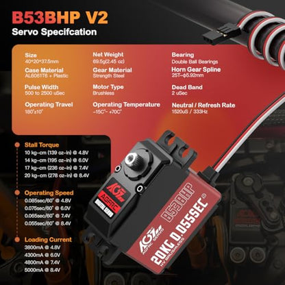 AGFRC 20KG 0.055s Brushless 1/10 Servo (B53BHP V2) | 20kg/0.055s/60° @8.4V, Steel Gears, 2BB, Standard, Digital, Programmable, for 1/10 RC Cars, Crawlers & Boats - style: B53BHP V2