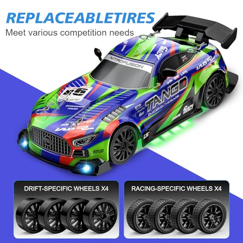 RC Car for Kids, 1:24 4WD High Speed Remote Control Drift Car | 2.4GHz RC drift car with LED lights, 2 Batteries & Drift Tires, dual-mode tires, Birthday gift for boys aged 4-12, Green - color: 1-green