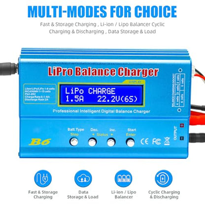 LiPo Battery Charger, Smart Charger Discharger, Built-in Balancer for 1S-6S LiPo/Li-ion/Life & 1S-15S NiCd/NiMH, LCD Display - color: Light Blue
