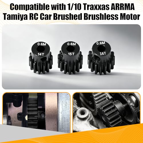 3PCS 0.6M Hardened Steel Pinion Gear Set with 3.175mm Shaft, 0.6 Metric Pitch 14T 15T 16T Pinion Gears for 540 550 Brushed Brushless Motor, Compatible with 1/10 Tamiya Redcat HSP HPI RC Car - size: 14 15 16T