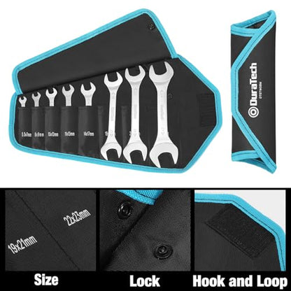 DURATECH Super-Thin Open End Wrench Set, 8-Piece, Metric | Slim Wrench Set, 5.5, 7, 8, 9, 10, 11, 12, 13, 14, 17, 19, 21, 22, 23, 24, 27 mm, Mirror Polished, Rolling Pouch - color: Silver, size: Metric