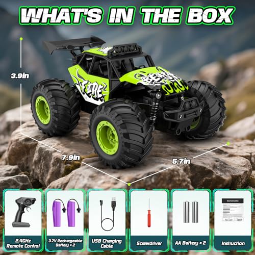 Remote Control Car, All Terrain RC Cars with Speed Switch RC Truck with LED Headlight and Rechargeable Batteries, 20KM/H Monster Truck Toys Gift for Boys 6-8 8-12, Green - color: Green