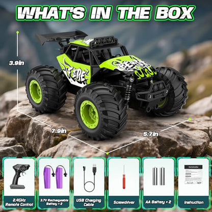 Remote Control Car, All Terrain RC Cars with Speed Switch RC Truck with LED Headlight and Rechargeable Batteries, 20KM/H Monster Truck Toys Gift for Boys 6-8 8-12, Green - color: Green