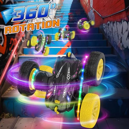 Jimdella Remote Control Car,RC Cars with Sides Light Strip and Headlights,Double Sided 360 Flips Rotating RC Stunt Car,2.4Ghz All Terrain Toys for Ages 4-8 Kids Toy for Boys Birthday Gift(Black)