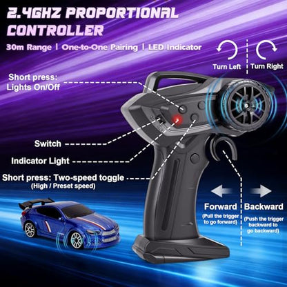 Mini RC Drift Car 1/64, Micro Remote Control Car with Led Lighting | 2.4ghz stunt pocket desktop drift cars with 4 obstacles & joystick control, adjustable dual speed modes - color: 1 Pc Blue