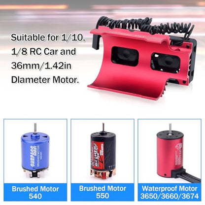 Surpass Hobby RC Motor Cooling Fan and 30mm Dual Fan with Heatsink Compatible with RC Car 1/8 1/10 Scale 540 550 3650 3660 3670 Motor (Red) - style: Red-Dual Fan for 36mm motor