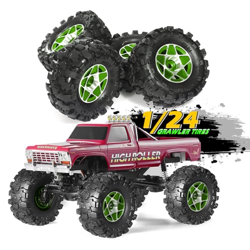 REDSPIDER 1.0 Beadlock Wheels and Tires Set（4pcs） 1.0 Crawler Tires 57 * 25mm Aluminum Alloy 1.0 Wheel 1/18 1/24 RC Crawler Tires for SCX24 TRX4M FMS FCX24 FCX18 AX24 (Green) - color: Green