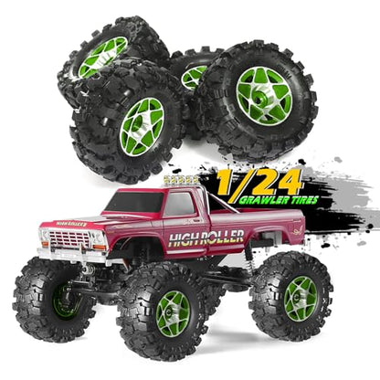 REDSPIDER 1.0 Beadlock Wheels and Tires Set（4pcs） 1.0 Crawler Tires 57 * 25mm Aluminum Alloy 1.0 Wheel 1/18 1/24 RC Crawler Tires for SCX24 TRX4M FMS FCX24 FCX18 AX24 (Green) - color: Green