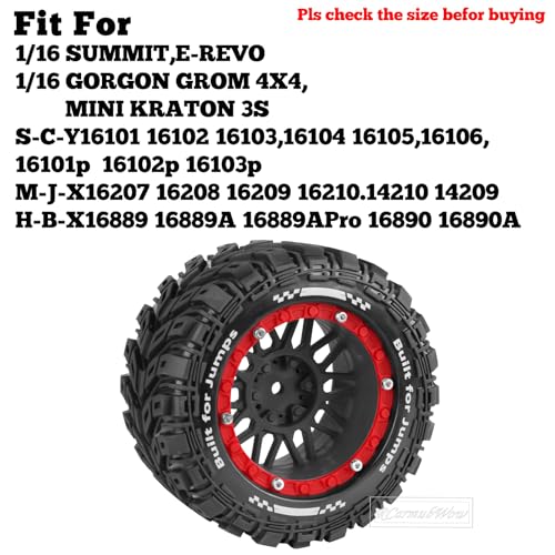RC Wheels and Tires for 1/16 Scale,RCarmubWow Plastic Rim Rubber Tires for 1/16 Summit E-Revo Gorgon Grom,Mini Kraton 3S, M-J-X16207-16210, H-B-X16889 16890,S-C-Y16101-16106 RC Truck,Black&Red - color: Black W/Red(4pcs)