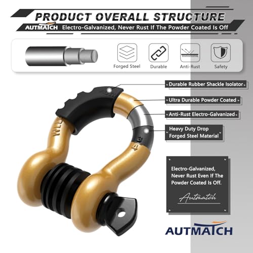 AUTMATCH 3/4" D Ring Shackles (2-Pack) - 41,887 lbs Break Strength | Heavy Duty Clevis Shackle with 7/8" Pin & Isolator Washer Kit for Tow Strap, Winch, Towing & Off-Road Vehicle Recovery, Gold - color: Gold & Black