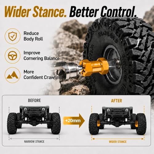 4PCS 12mm Hex Hub 20mm Aluminum Extension Hex for Axial SCX10 D90 90046 | 20mm CNC Wheel Hex Extenders for 1/10 RC Crawlers Redcat Gen7/Gen8 CC01 RC4WD Wider Stance & Tire Clearance with M4 Nuts Pins - color: Gold