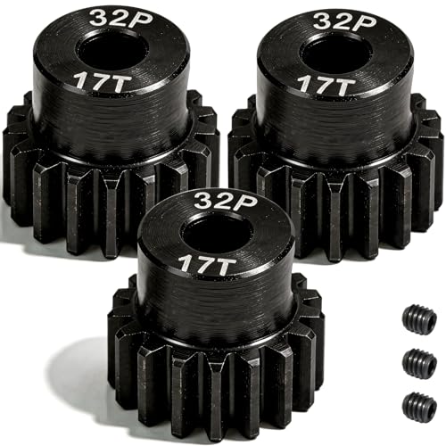 32P 17T RC Car Gear Set | 45# Steel Black Oxide | 5mm Bore +0.03mm | Precision Engineered Motor Pinion Gear Compatible with Traxxas/ARRMA/HPI/Kyosho (3-Pack with M4 Set Screws) - style: 3Pcs 17T